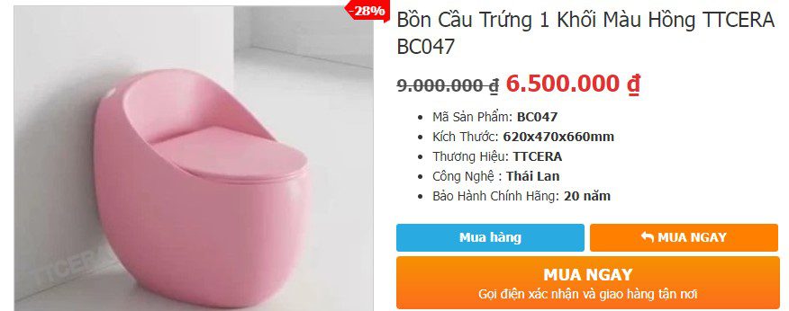 Bồn cầu trứng màu hồng TTCERA BC047 - Giá bán: 6.500.000 VNĐ.