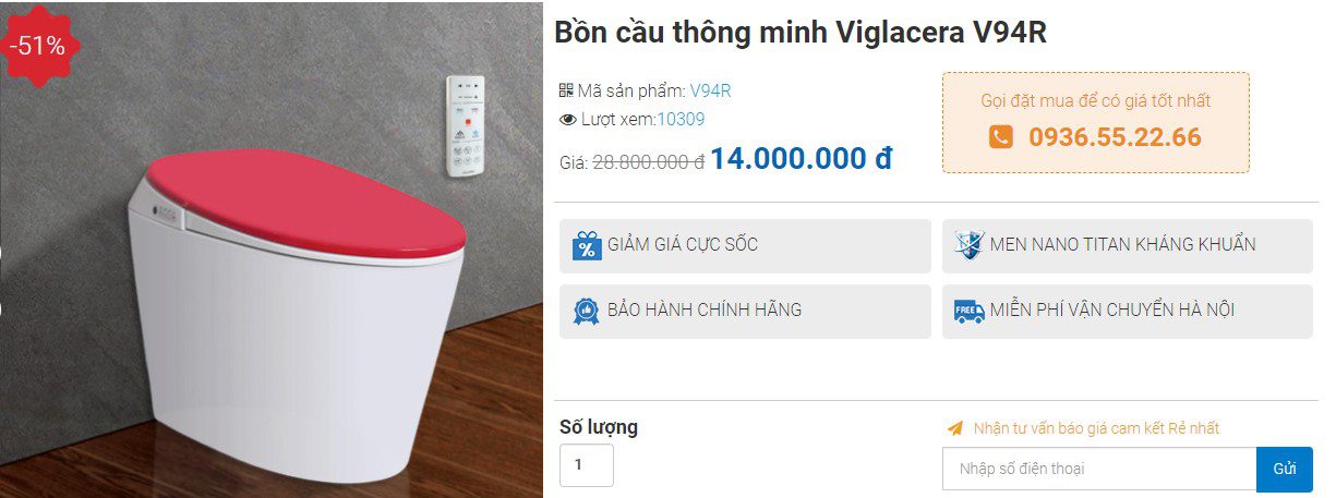 Bồn cầu thông minh Viglacera V94R - Giá bán: 14.000.000 VNĐ.