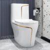 Bồn Cầu 1 Khối Trắng Viền Kẻ Vàng BC025Y