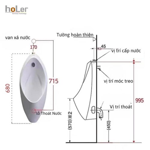 Bồn Tiểu Nam Treo Tường hoLer HLTN-03 (Phiên Bản Xả Nhấn)