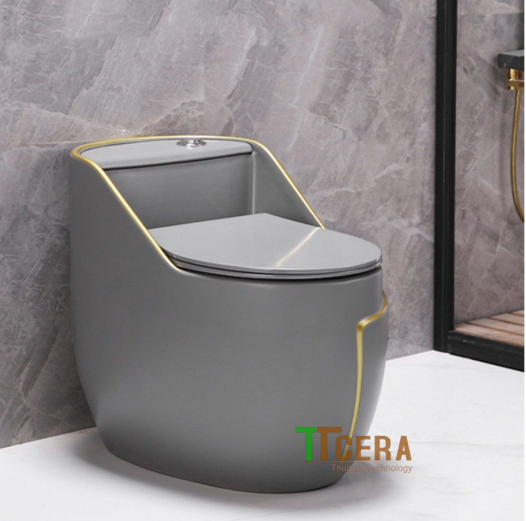 Bồn Cầu Trứng 1 Khối Xám Viền Vàng TTCERA BC071GY