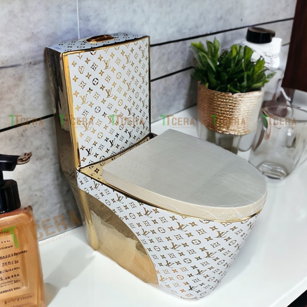 Bồn Cầu 1 Khối Hoa Văn Vàng Trắng TTCERA BC082