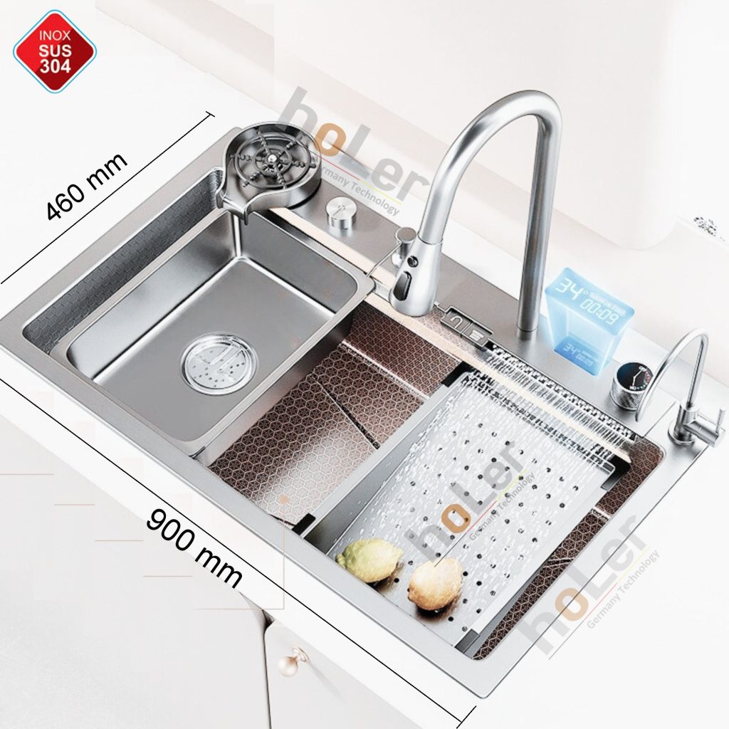 Combo Chậu Rửa Chén Kèm Vòi Đơn Thác Nước INOX Mờ Hiển Thị Nhiệt Độ HOLER HLCR718-9046
