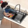 Combo Chậu Rửa Chén Kèm Vòi Đơn Thác Nước Vắt Dao Phủ Nano Đen HOLER HLCRNN720-7546VD