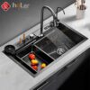Combo Chậu Rửa Chén Kèm Vòi Đơn Thác Nước Vắt Dao Phủ Nano Đen HOLER HLCRNN720-7546VD