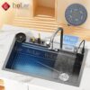 Combo Chậu Rửa Chén Kèm Vòi Đơn Thác Nước Vắt Dao Phủ Nano Đen HOLER HLCRNN720-7546VD