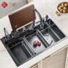 Combo Chậu Rửa Chén Kèm Vòi Đơn Thác Nước Vắt Dao Phủ Nano Đen HOLER HLCRNN726-7846VD