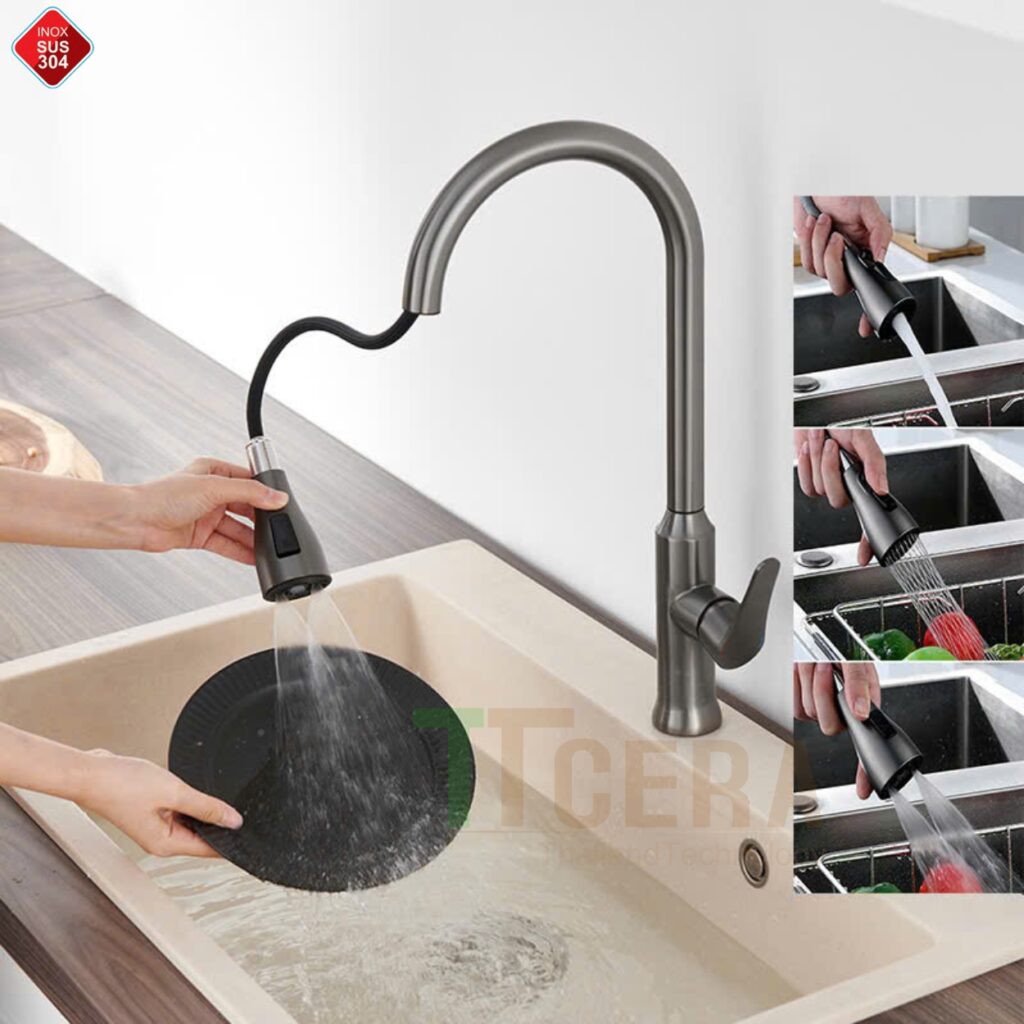 Vòi Rửa Chén Rút Nóng Lạnh Inox Sơn Tĩnh Điện Xám TTCERA CNL439