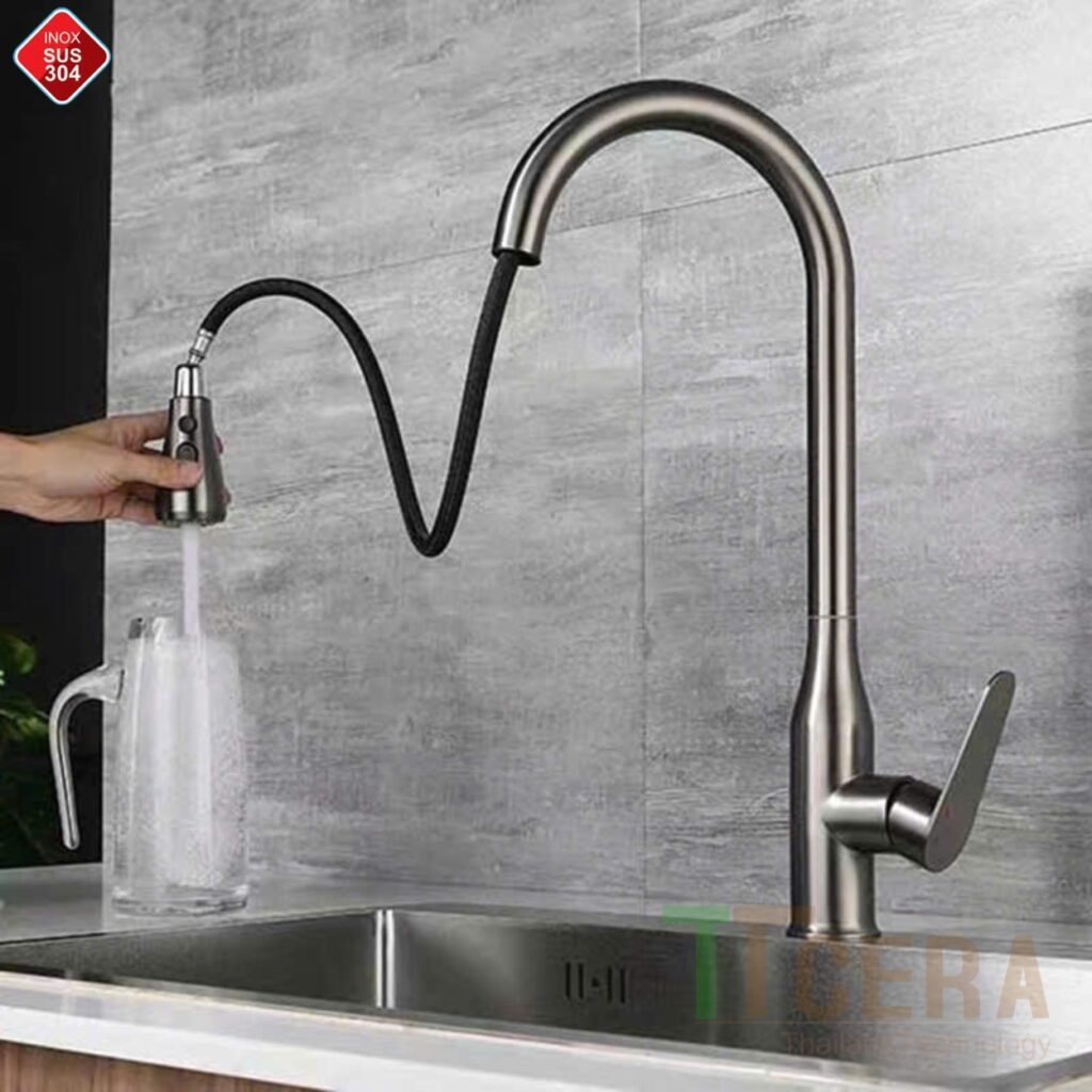 Vòi Rửa Chén Rút Nóng Lạnh Inox Sơn Tĩnh Điện Xám TTCERA CNL440