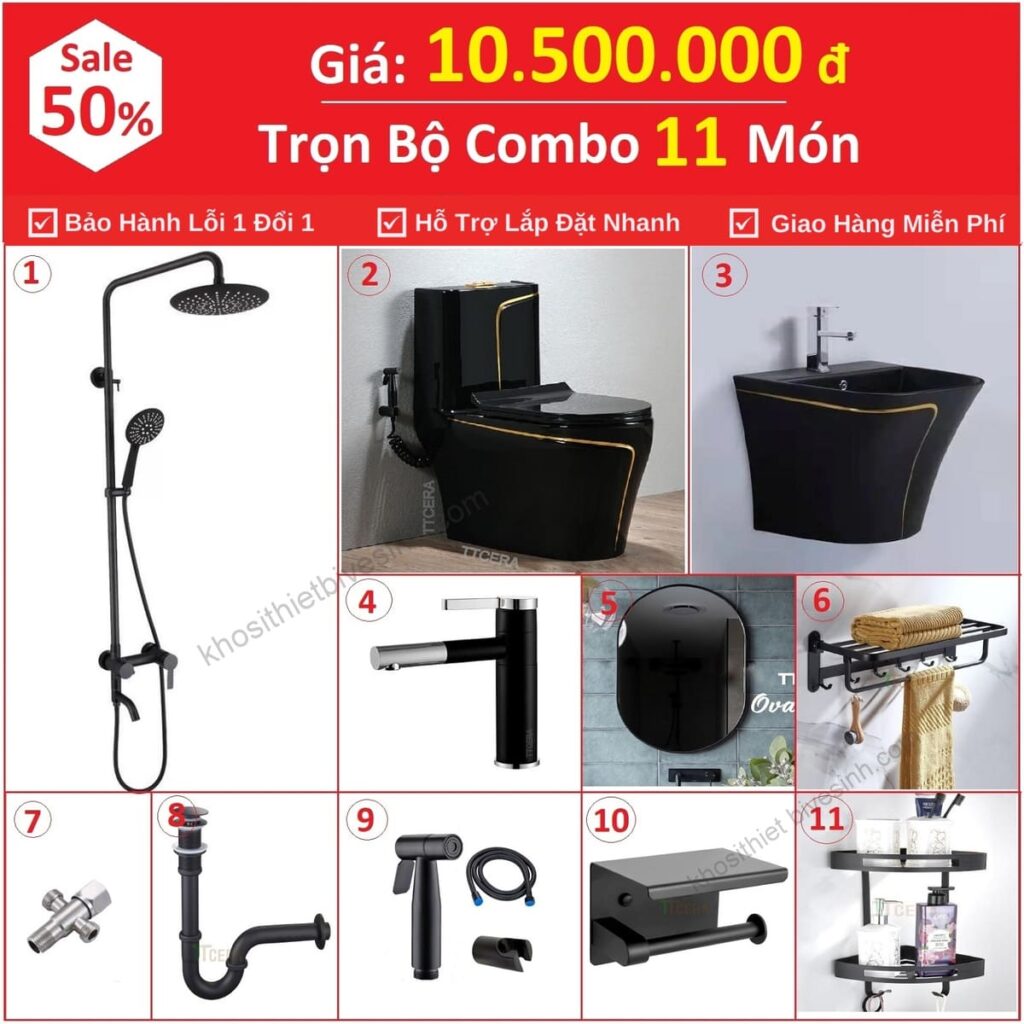 Combo Nhà Vệ Sinh Trọn Bộ 11 Món Đen Lavabo Treo Cao Cấp 10.5 Triệu CB11T-10500
