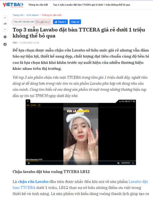 Báo chí nhắc về cửa hàng thiết bị vệ sinh TTCERA
