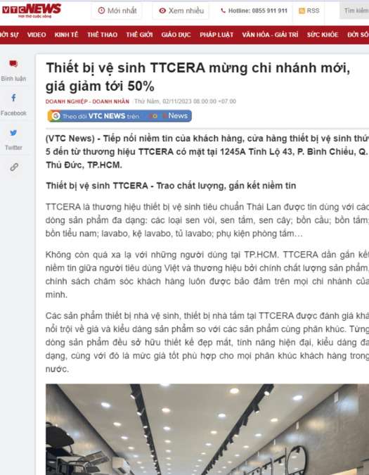 Báo chí nhắc về cửa hàng thiết bị vệ sinh TTCERA