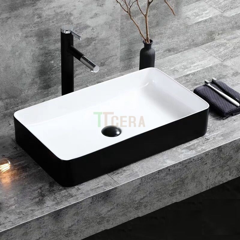 Chậu Lavabo Sứ Đặt Bàn Hình Chữ Nhật Mạ ORB Đen TTCERA LB13