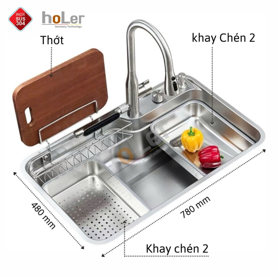 Chậu Rửa Chén 1 Hộc Inox 304 Holer HLCR740-7848