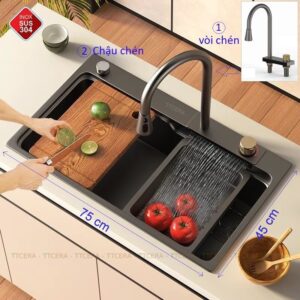 Combo Chậu Rửa Chén Kèm Vòi Đơn Inox Phủ Nano Đen TTCERA CRNN912-7545