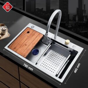 Combo Chậu Rửa Chén Kèm Vòi Đơn Thác Nước Inox 304 hoLer HLCR712-7846