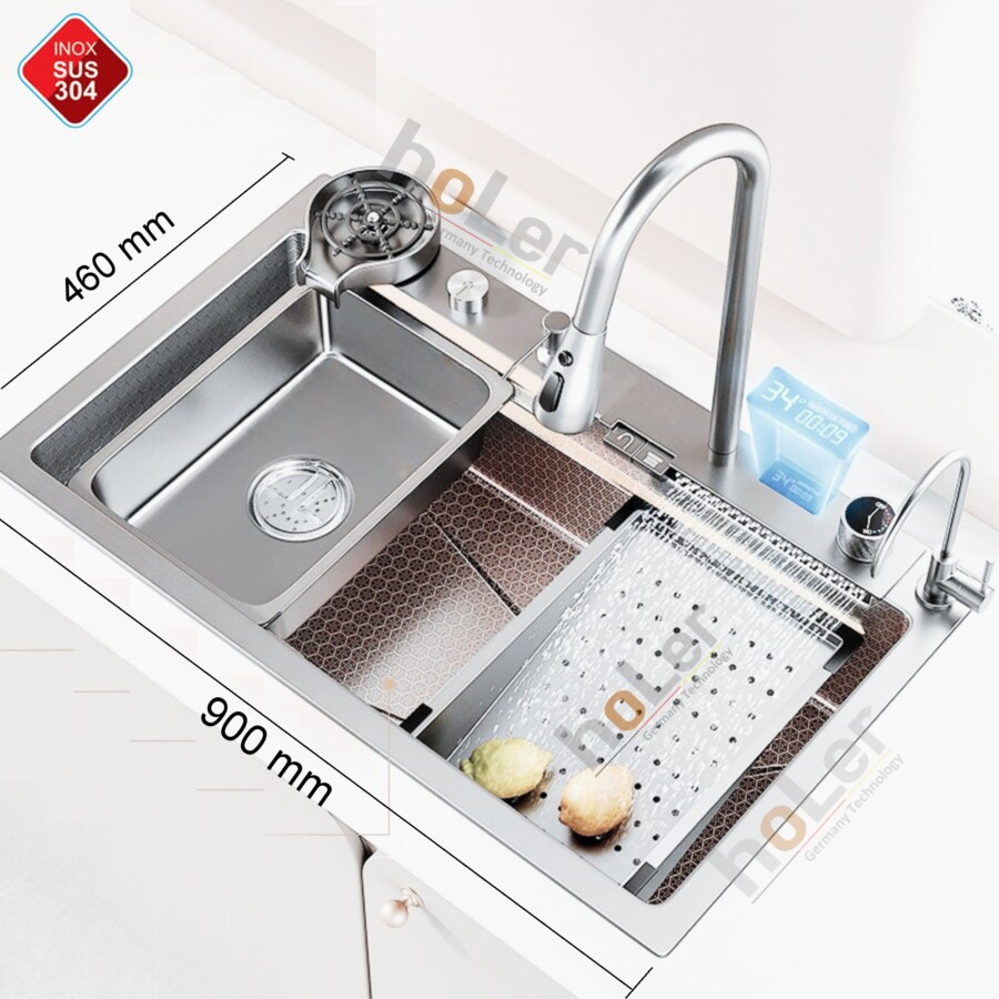 Combo Chậu Rửa Chén Kèm Vòi Đơn Thác Nước INOX Mờ Hiển Thị Nhiệt Độ HOLER HLCR718-9046