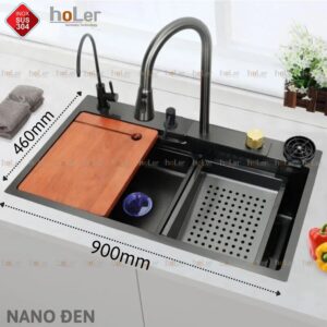 Combo Chậu Rửa Chén Kèm Vòi Đơn Thác Nước Nano Đen HOLER HLCRNN725-9046
