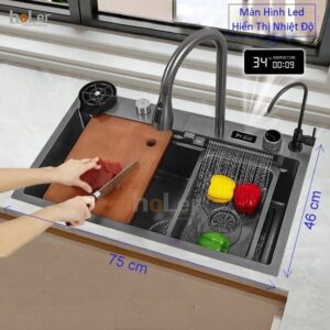 Combo Chậu Rửa Chén Kèm Vòi Đơn Thác Nước Phủ Nano Đen HOLER HLCRNN720-7546