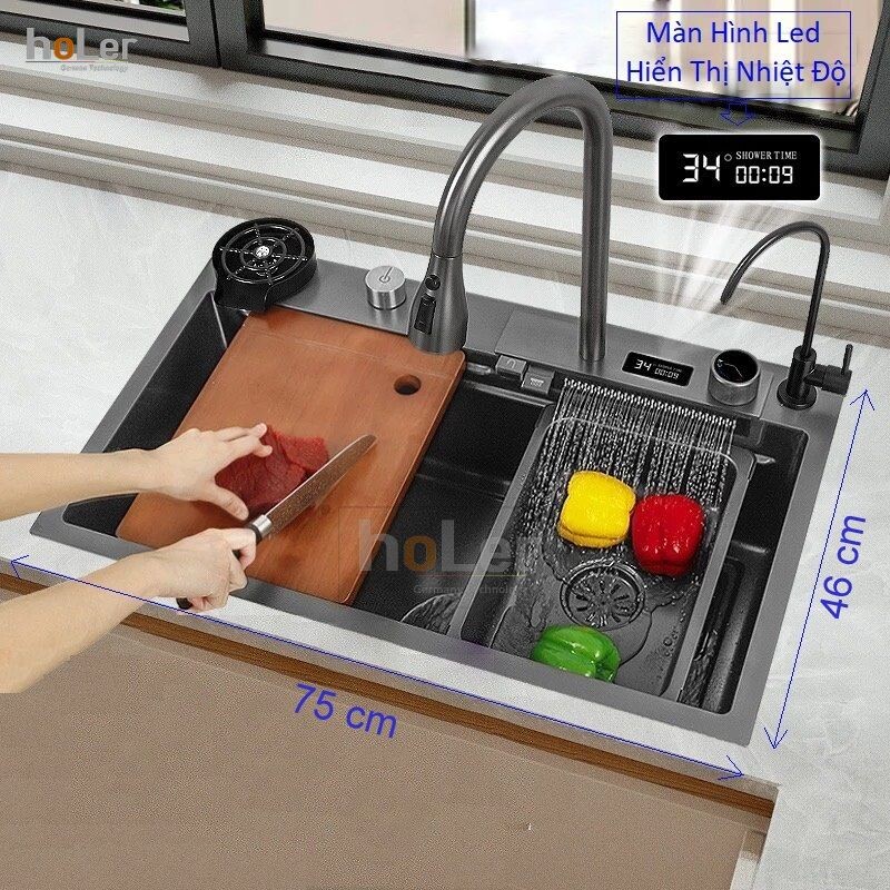 Combo Chậu Rửa Chén Kèm Vòi Đơn Thác Nước Phủ Nano Đen HOLER HLCRNN720-7546