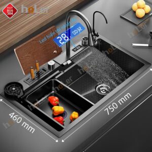 Combo Chậu Rửa Chén Kèm Vòi Đơn Thác Nước Vắt Dao Phủ Nano Đen HOLER HLCRNN720-7546VD