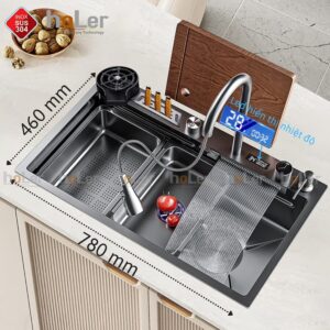 Combo Chậu Rửa Chén Kèm Vòi Đơn Thác Nước Vắt Dao Phủ Nano Đen HOLER HLCRNN726-7846VD
