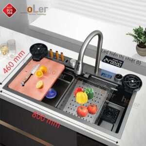 Combo Chậu Rửa Chén Kèm Vòi Đơn Thác Nước Vắt Dao Phủ Nano Đen HOLER HLCRNN727-8046VD