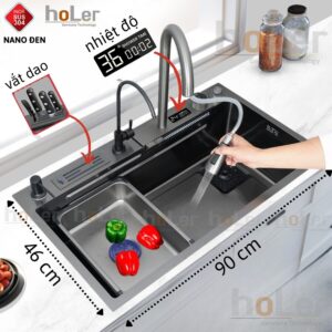 Combo Chậu Rửa Chén Kèm Vòi Đơn Thác Nước Vắt Dao Phủ Nano Đen HOLER HLCRNN731-9046VD