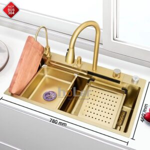 ComboChậu Rửa Chén Kèm Vòi Đơn Thác Nước Inox 304 Mạ Vàng hoLer HLCR721-7846