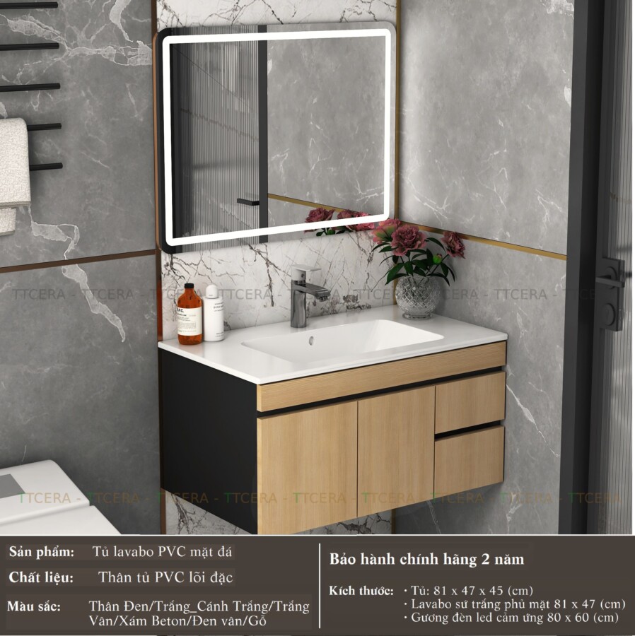 Tủ Lavabo Nhựa Đặc PVC PIMA Gương Led TLVB69-8147A