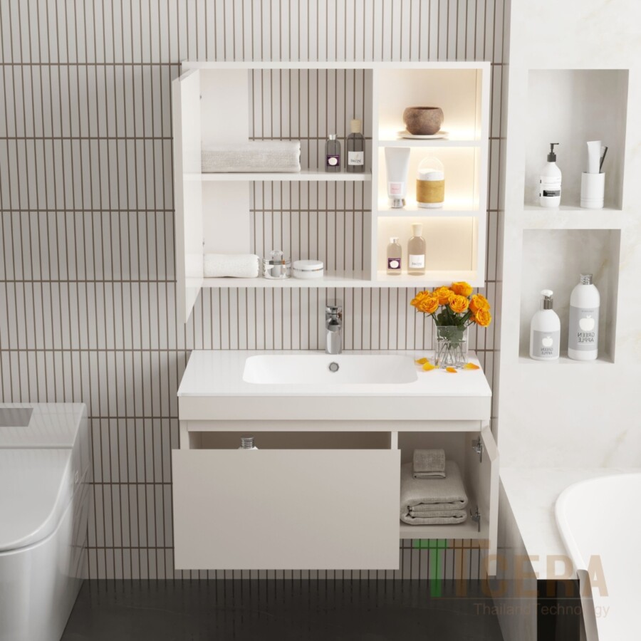 Tủ Lavabo Nhựa PVC Đặc Có Led Màu Trắng Kem TTCERA TLVB160