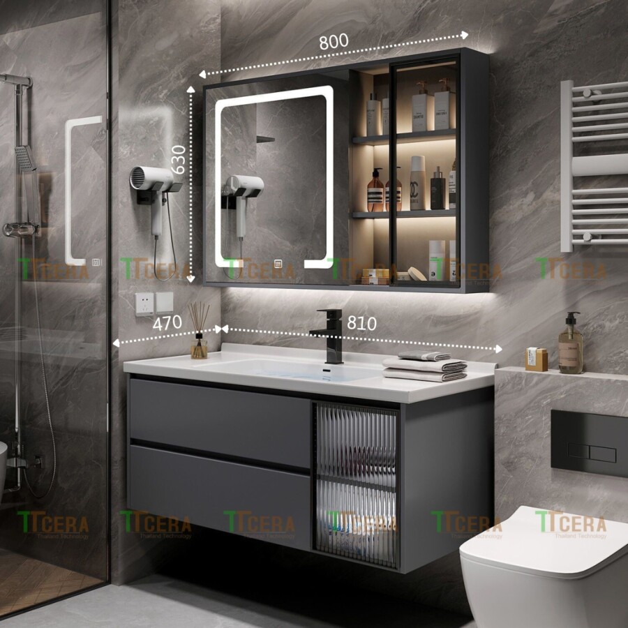 Tủ Lavabo Nhựa PVC Đặc Màu Xám Xánh TTCERA TLVB127-8047