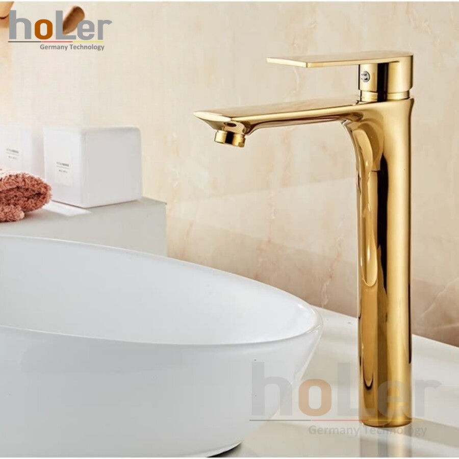Vòi Lavabo Nóng Lạnh Đồng Mạ Vàng Cao 30cm Holer HL-LB614