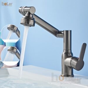 Vòi Lavabo Nóng Lạnh Inox 304 Xoay 720 Độ Holer HL-LB649 ( Màu Xám – Màu inox )